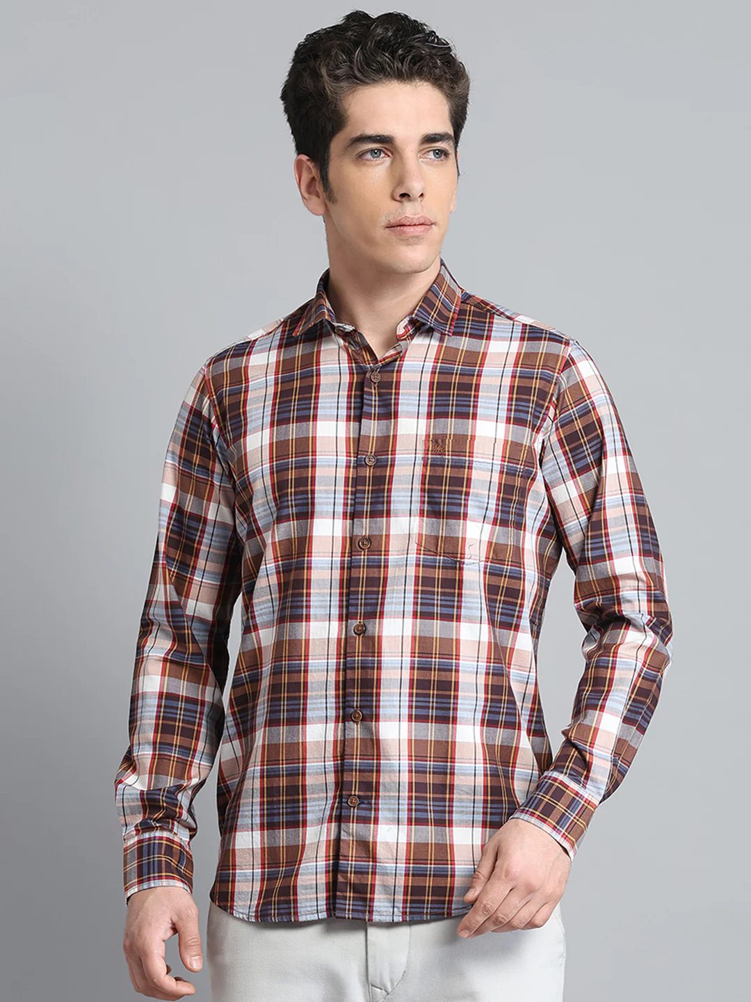 Men Brown Check Collar Full Sleeve Shirt