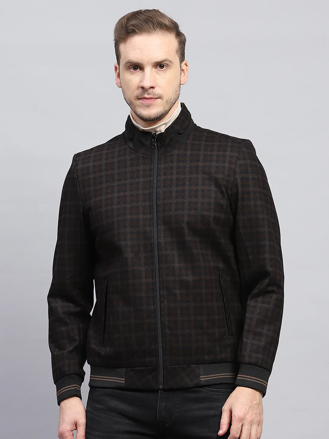 Men Brown Check Mock Neck Full Sleeve Jacket