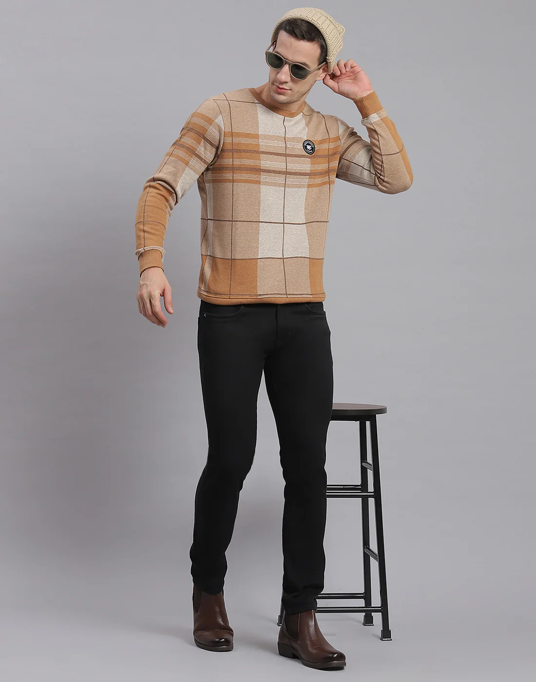 Men Brown Check Round Neck Full Sleeve Sweatshirt