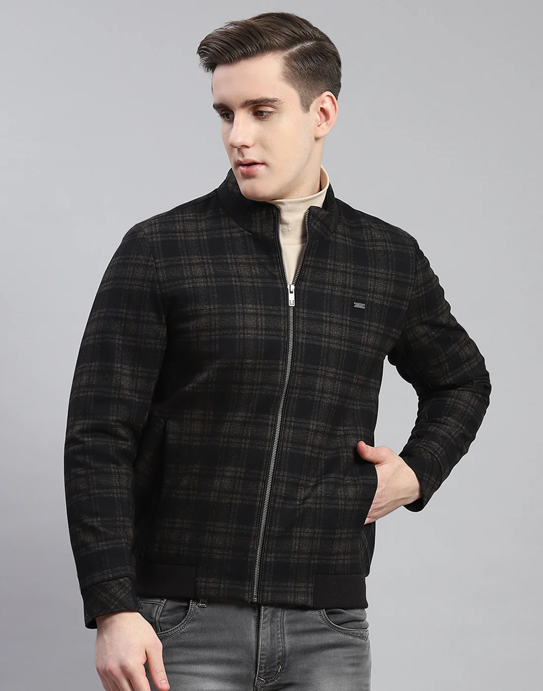 Men Brown Check Stand Collar Full Sleeve Coat - Image 2