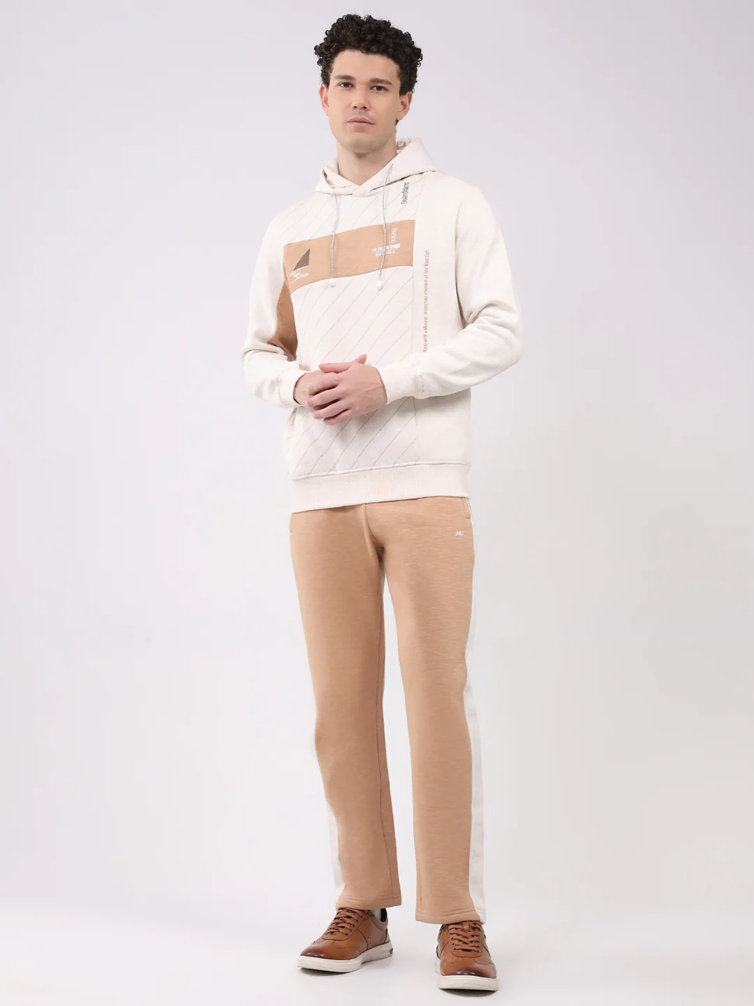 Men Brown Printed Collar Full Sleeve Winter Tracksuit