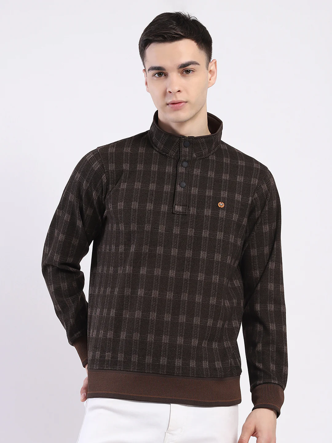 Men Brown Printed Mock Neck Full Sleeve Sweatshirt