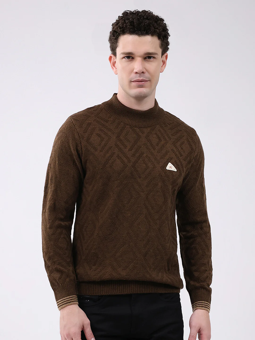 Men Brown Self Design Mock Neck Full Sleeve Pullover
