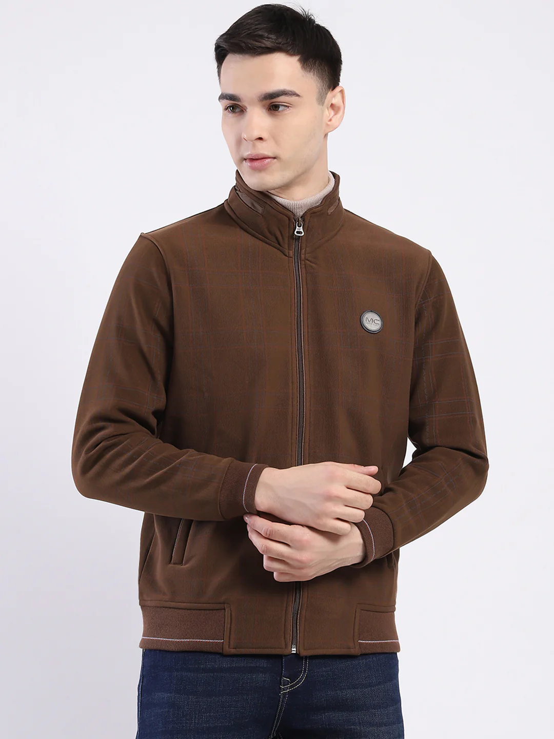 Men Brown Solid Mock Neck Full Sleeve Sweatshirt