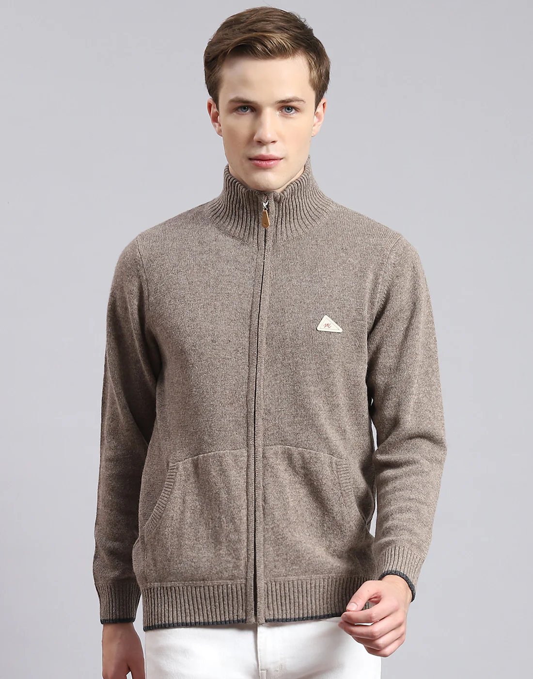 Men Brown Solid Stand Collar Full Sleeve Sweater