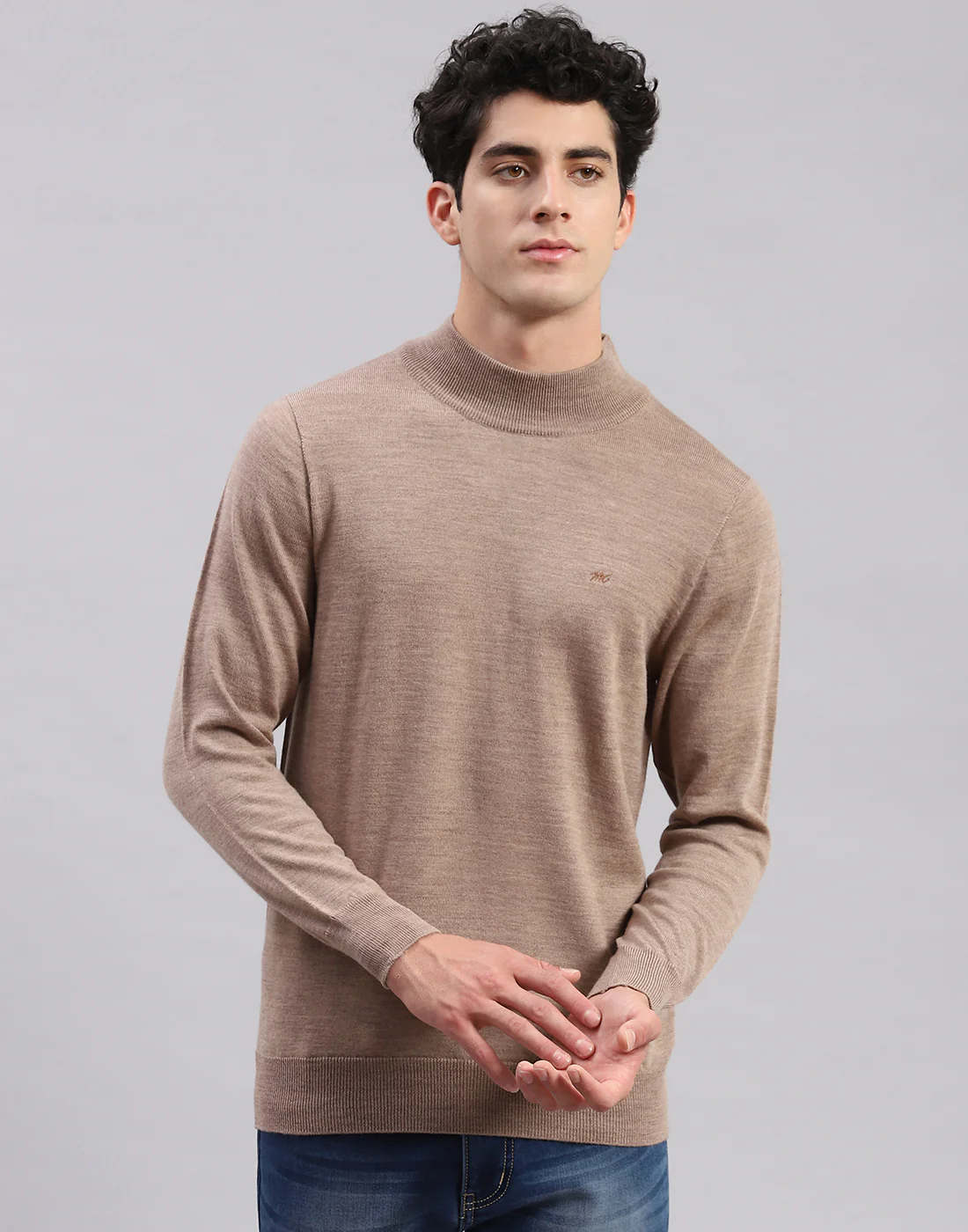 Men Brown Solid T Neck Full Sleeve Sweaters/Pullovers - Image 3