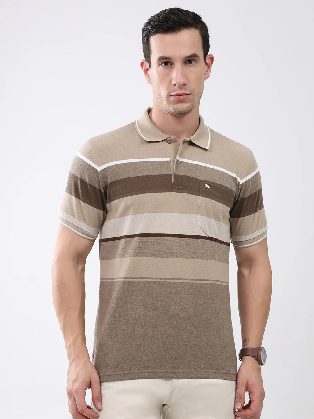Men Brown Stripe Collar Half Sleeve T-Shirt