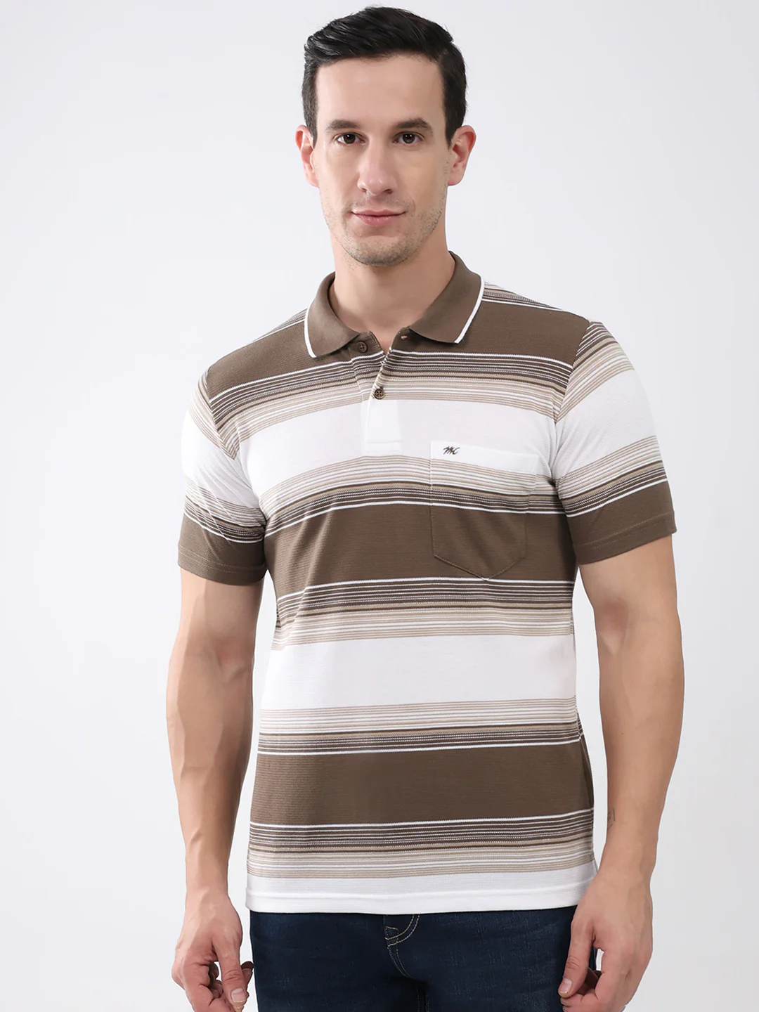 Men Brown Stripe Collar Half Sleeve T-Shirt