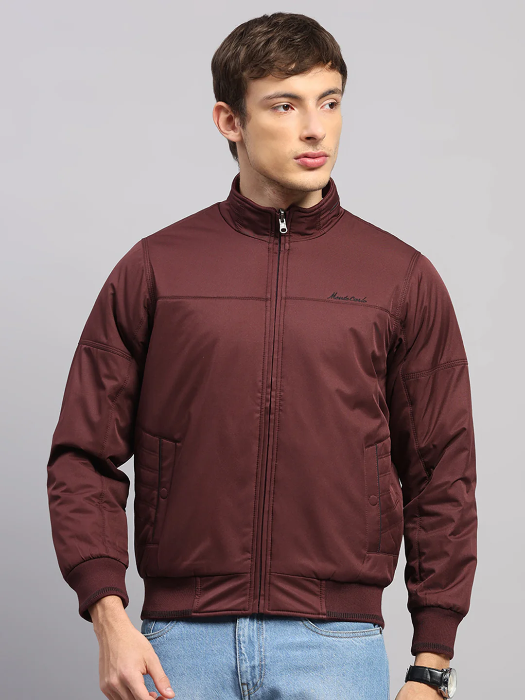Men Burgundy Solid Collar Full Sleeve Jacket