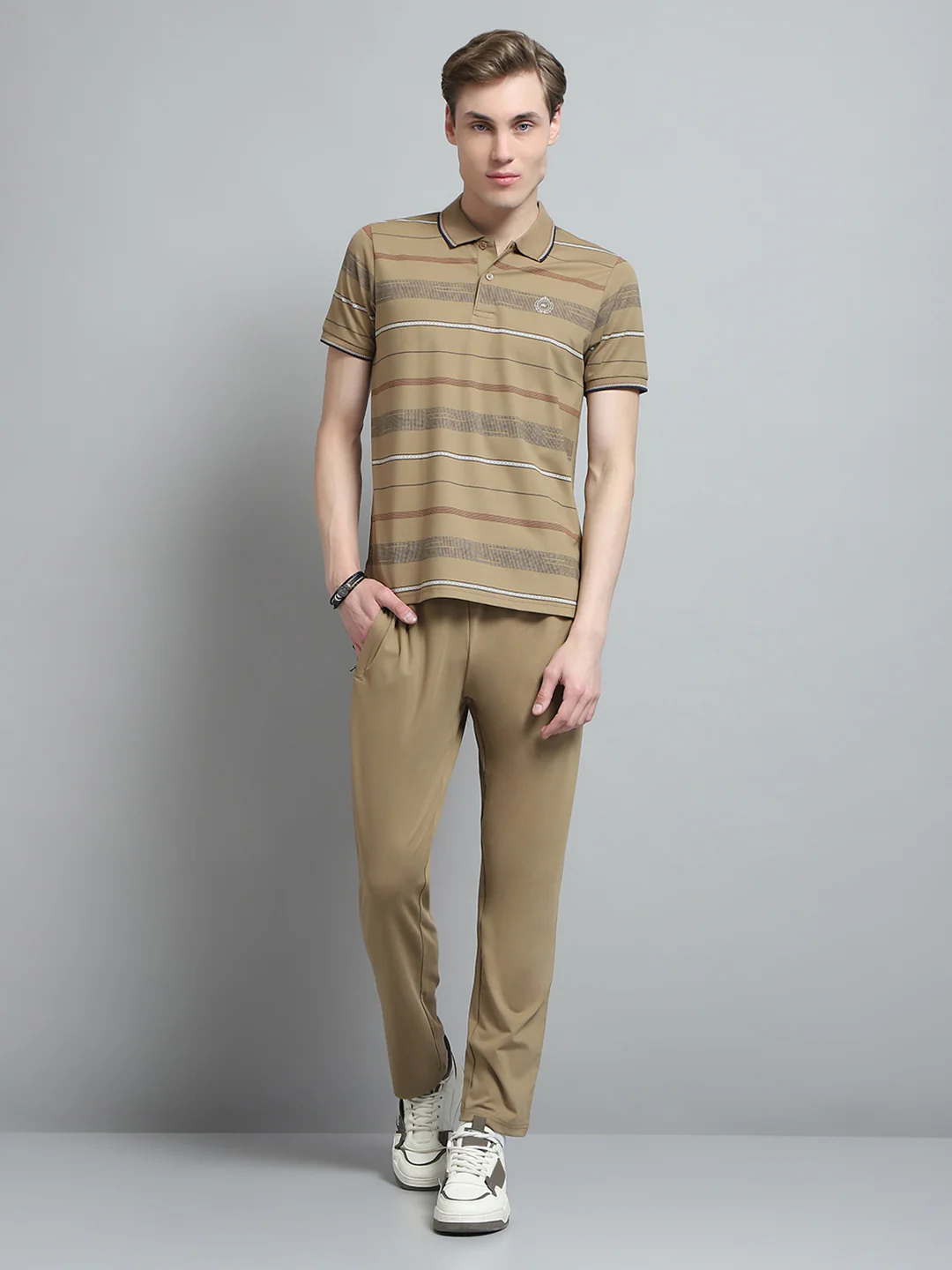 Men Camel Brown Printed Collar Half Sleeve Lower Set