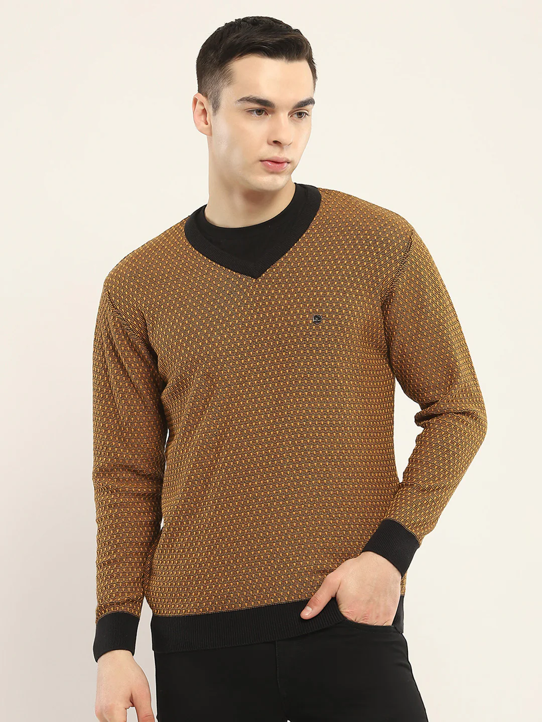 Men Camel Brown Self Design V Neck Full Sleeve Pullover