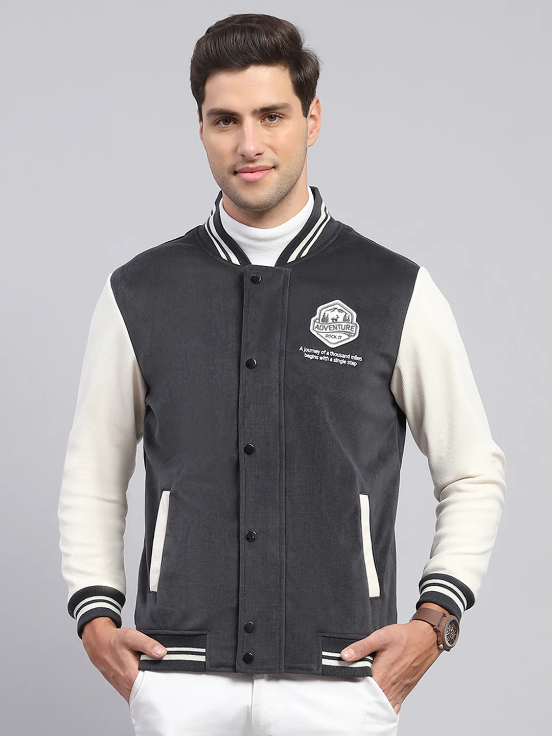 Rock.it Men Charcoal Self Design Band Collar Full Sleeve Sweatshirt