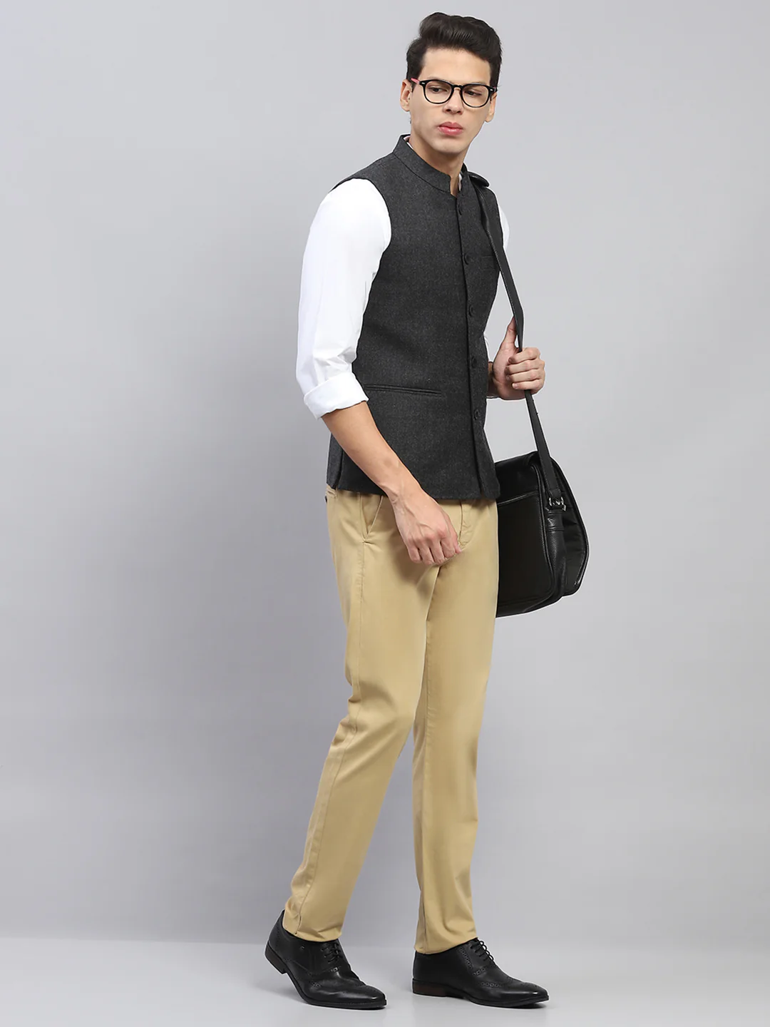 Men Charcoal Solid Mock Neck Sleeveless Jacket - Image 2