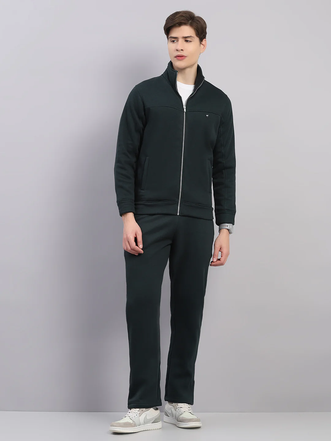 Men Olive Solid Stand Collar Full Sleeve Winter Tracksuit