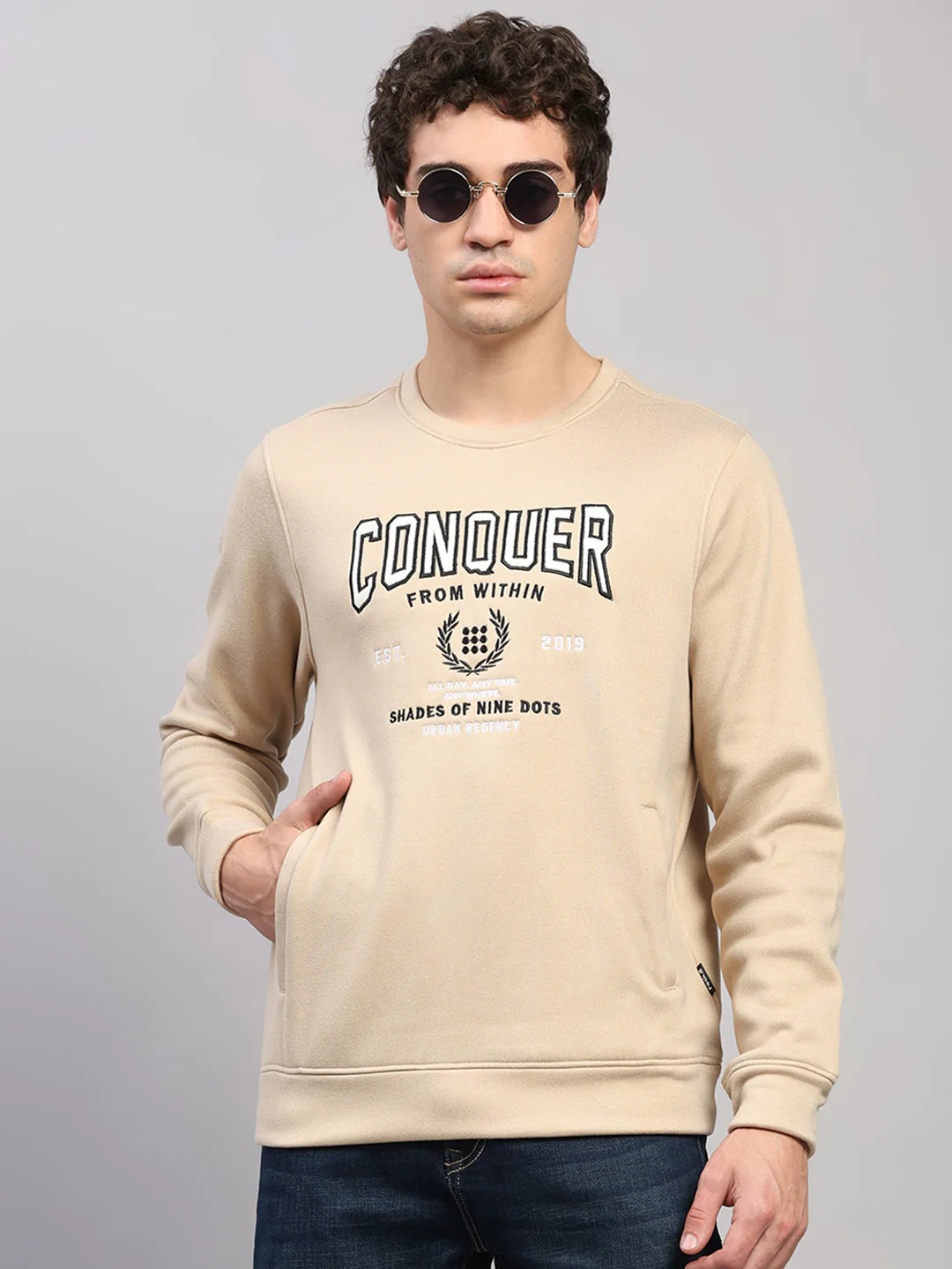 Rock.it Men Cream Embroidered Round Neck Full Sleeve Sweatshirt