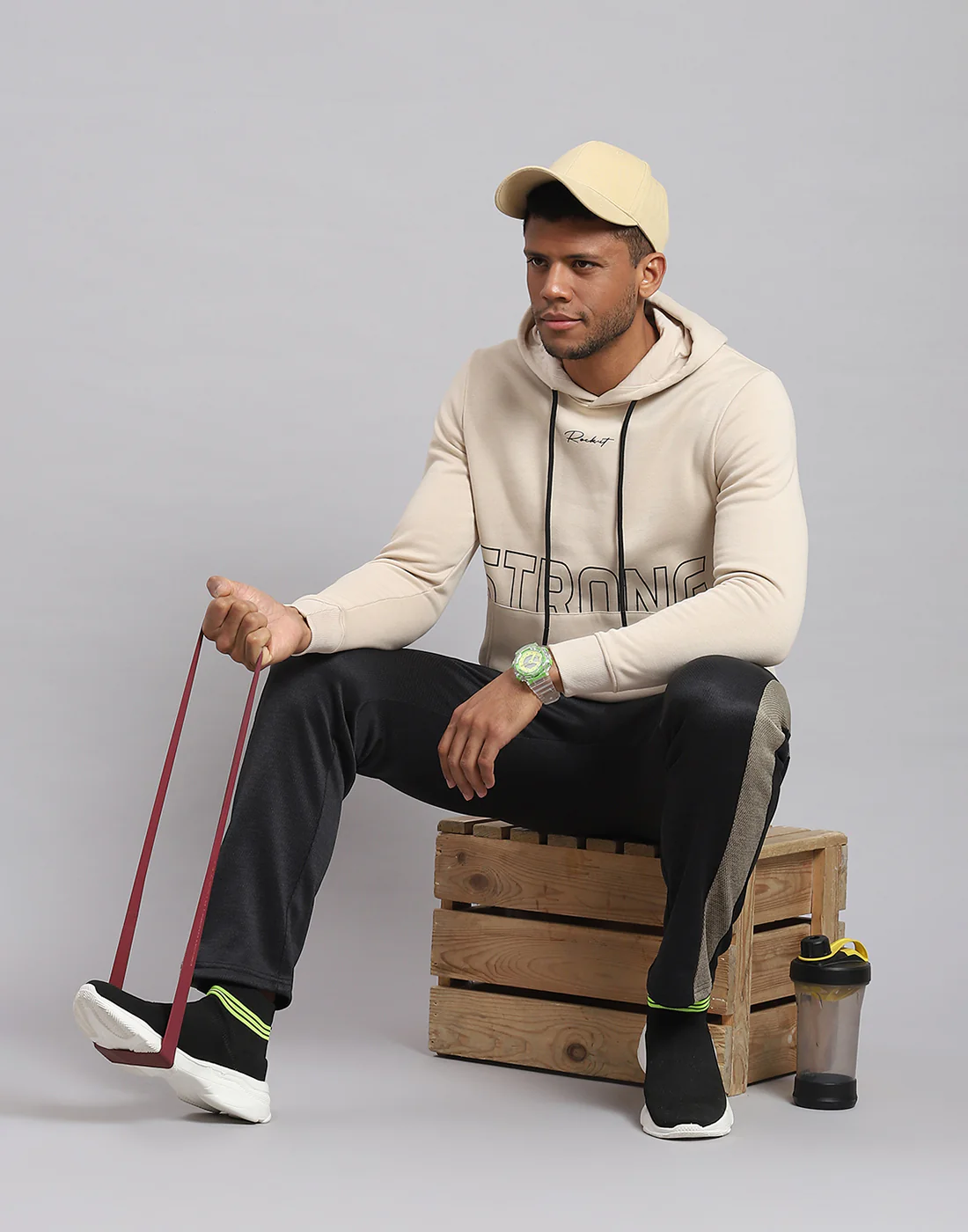 Rock.it Men Cream Printed Hooded Full Sleeve Sweatshirt