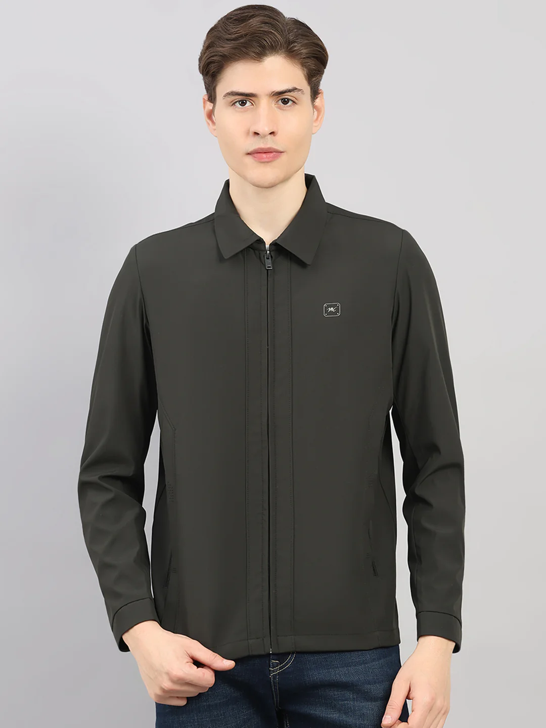Men Dark Green Solid Stand Collar Full Sleeve Jacket