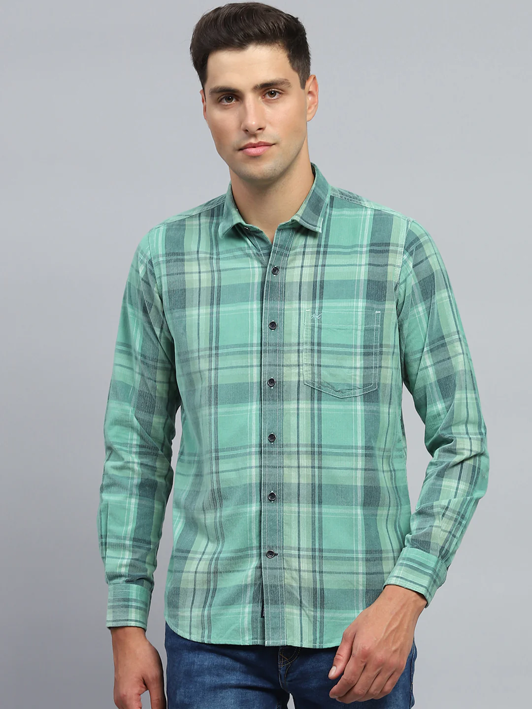 Men Green Check Collar Full Sleeve Shirt