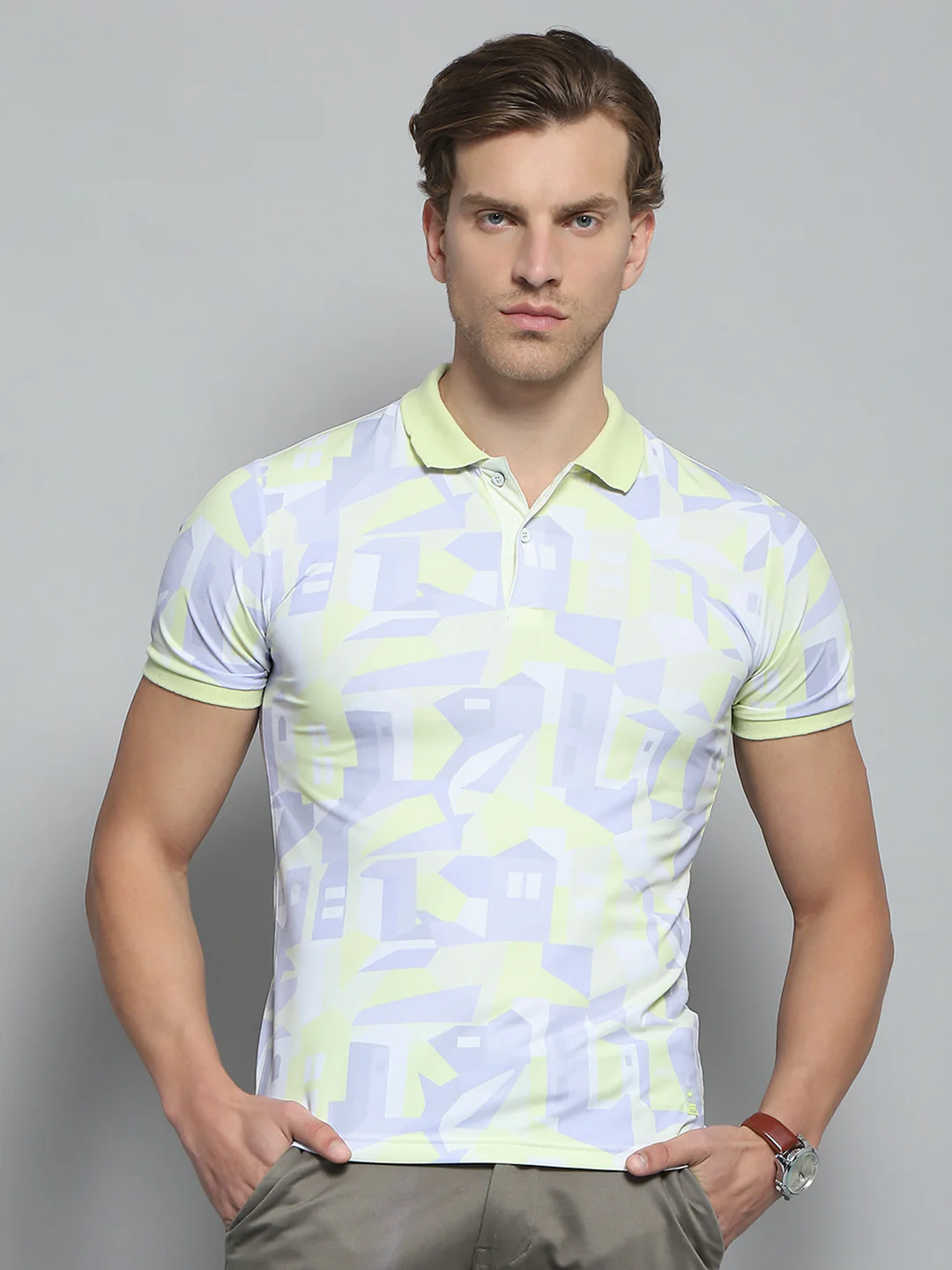 Men Green Printed Collar Half Sleeve T-Shirt
