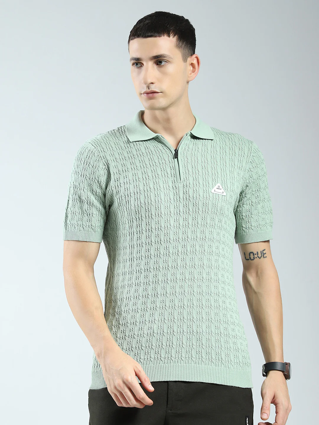 Rock.it Men Green Self Design Collar Half Sleeve T-Shirt