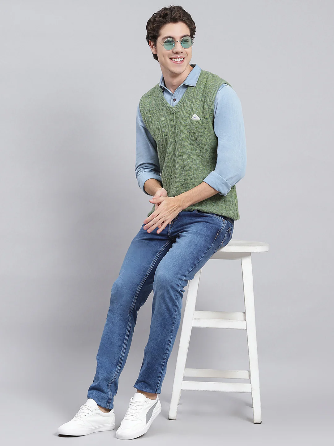 Men Green Self Design Lamb wool Sweater