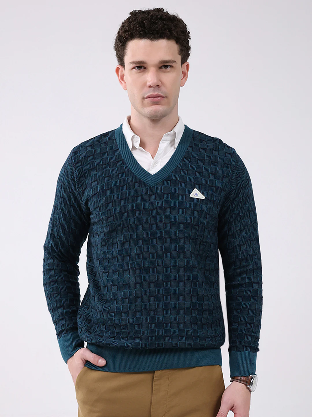 Men Green Self Design V Neck Full Sleeve Pullover