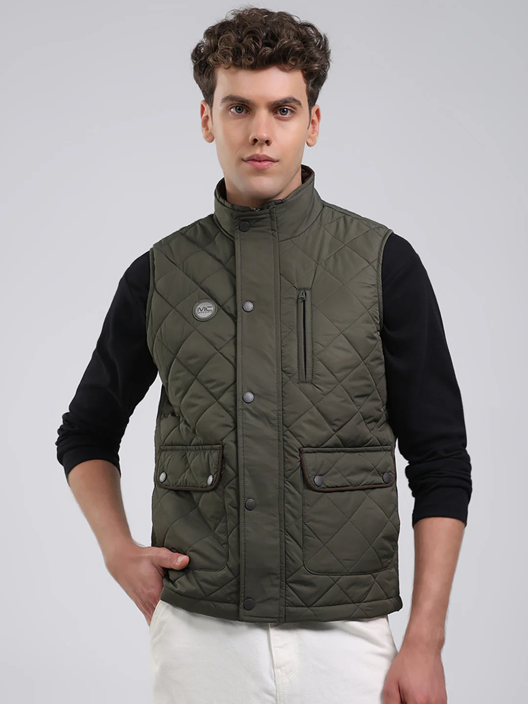 Men Green Solid Collar Sleeveless Jacket
