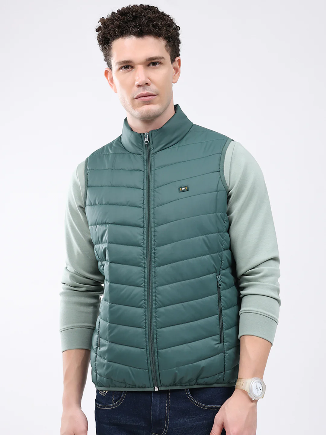 Men Green Solid Collar Sleeveless Jacket