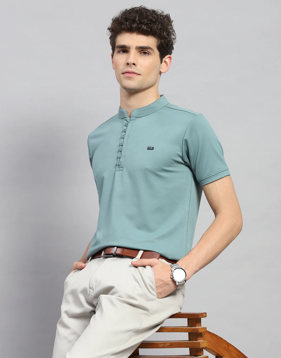 Men Green Solid Mandarin Neck Half Sleeve T-Shirt - Image 6