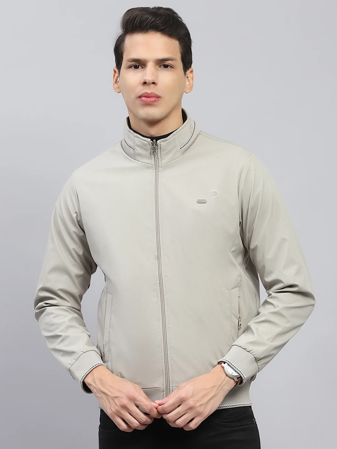 Men Beige Solid Mock Neck Full Sleeve Reversible Jacket
