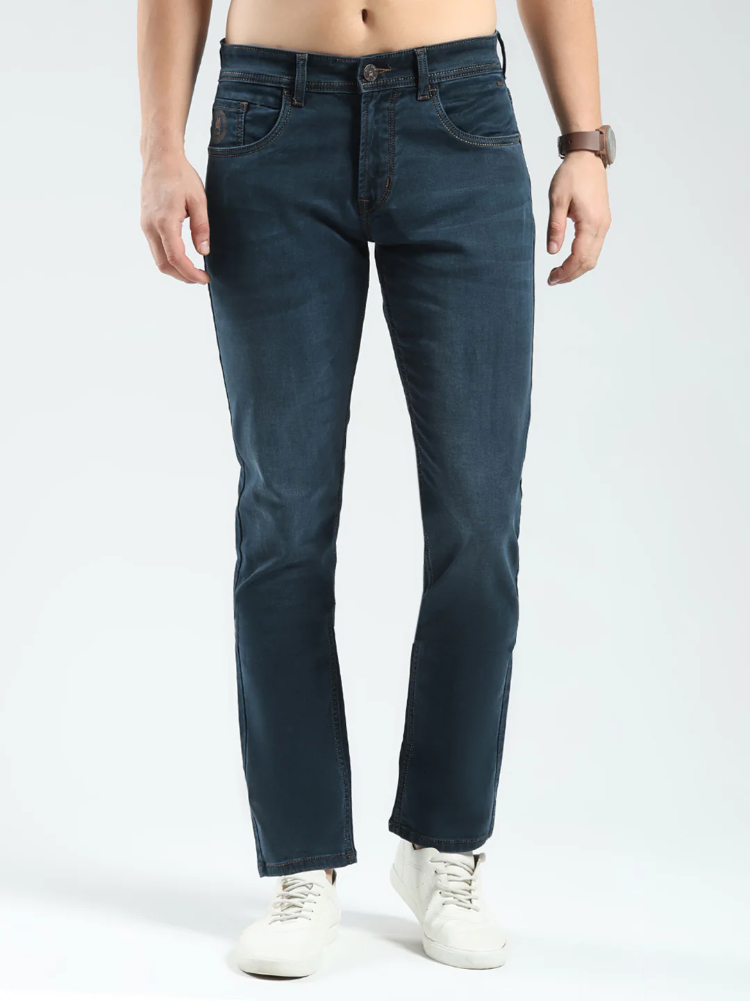 Men Green Solid Narrow Fit Denim