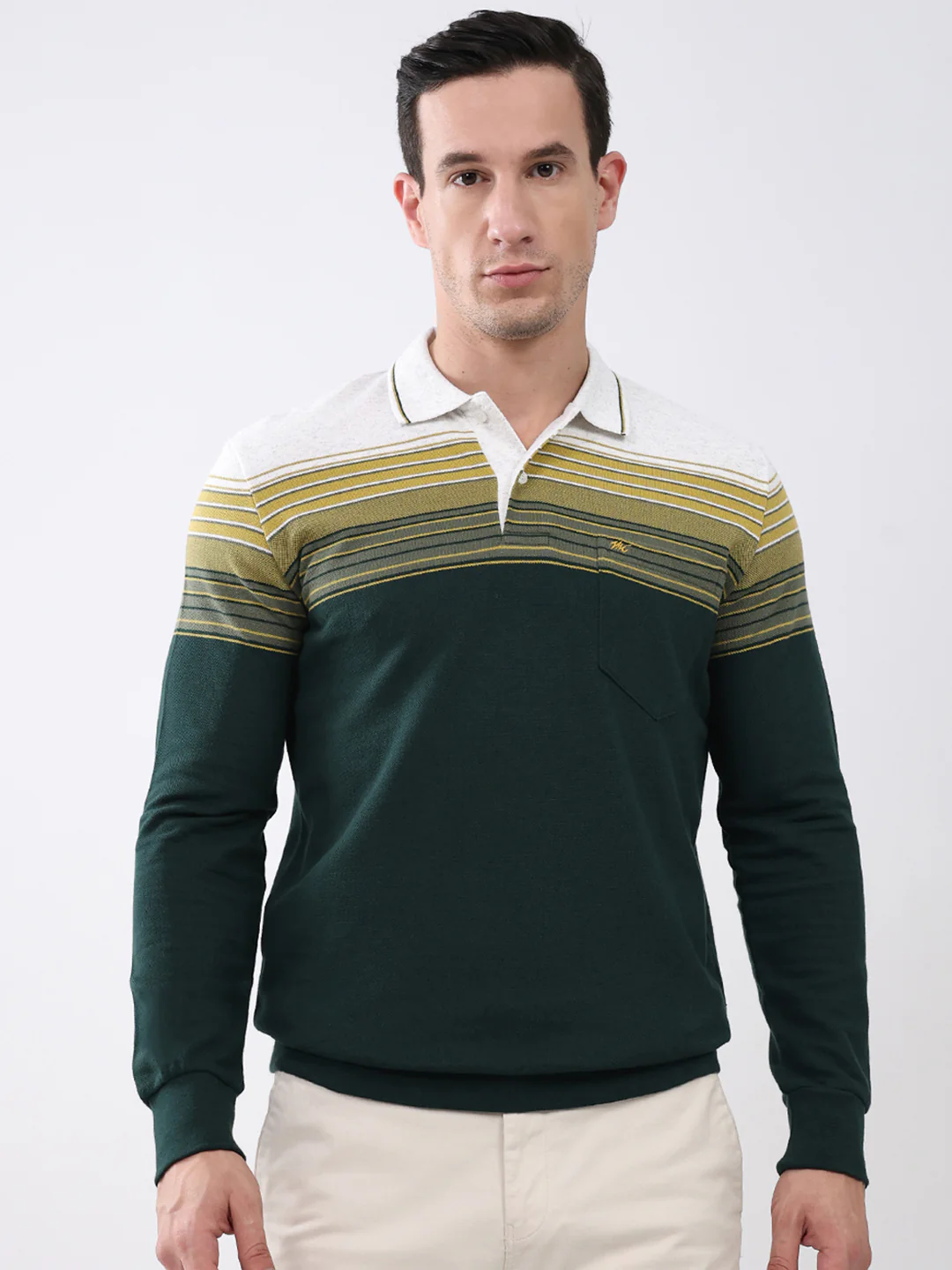 Men Green Stripe Collar Full Sleeve Winter T-Shirt
