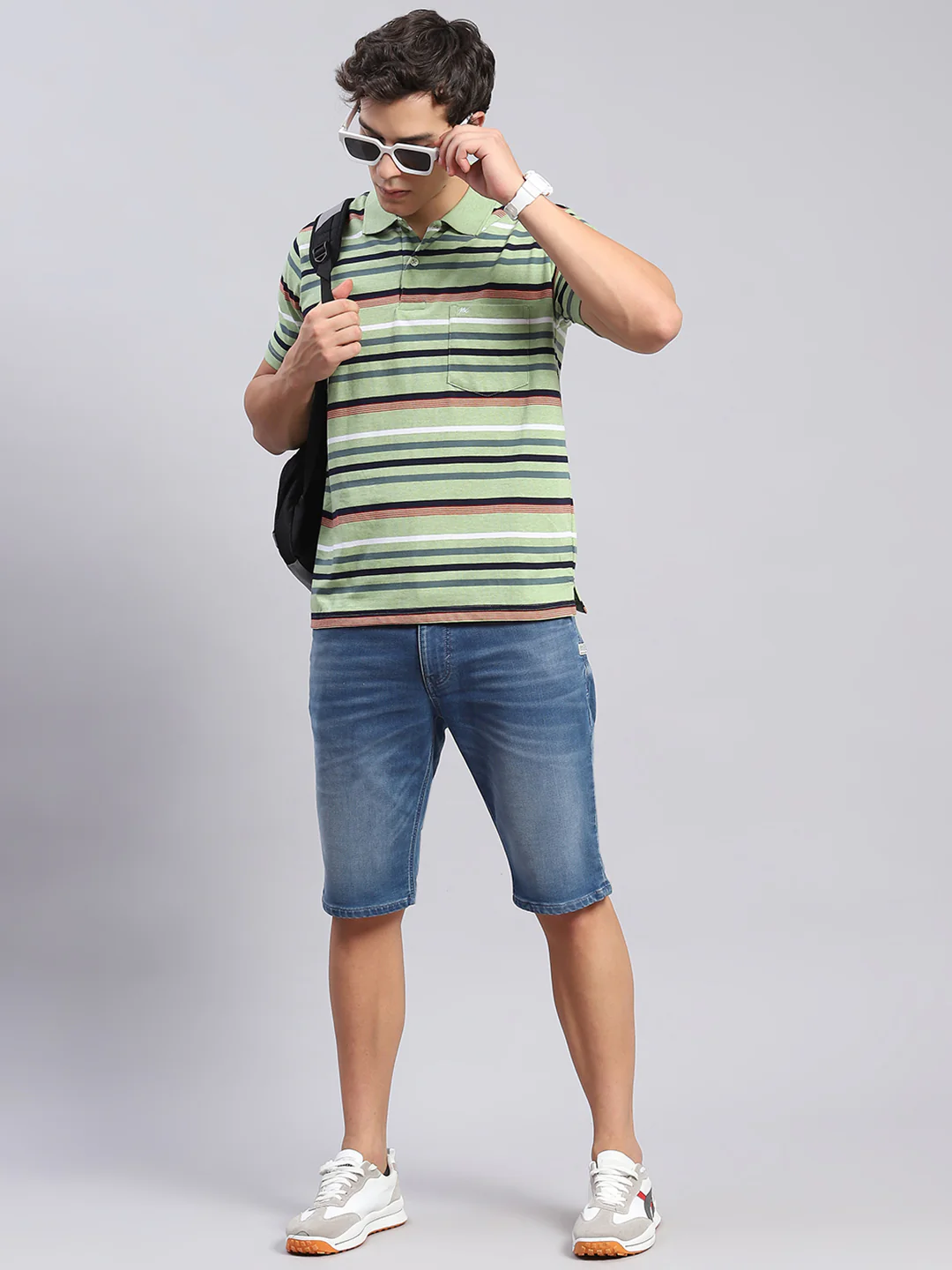 Men Green Stripe Collar Half Sleeve T-Shirts