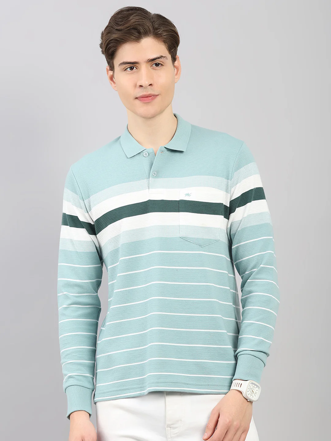 Men Green Stripe Polo Collar Full Sleeve Winter T-Shirt