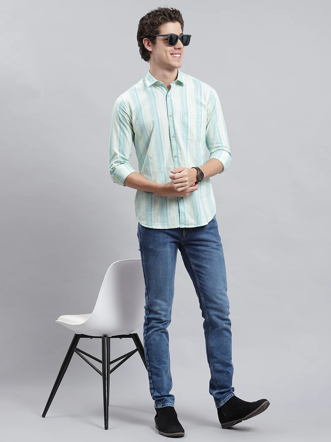 Men Green Stripe Shirt