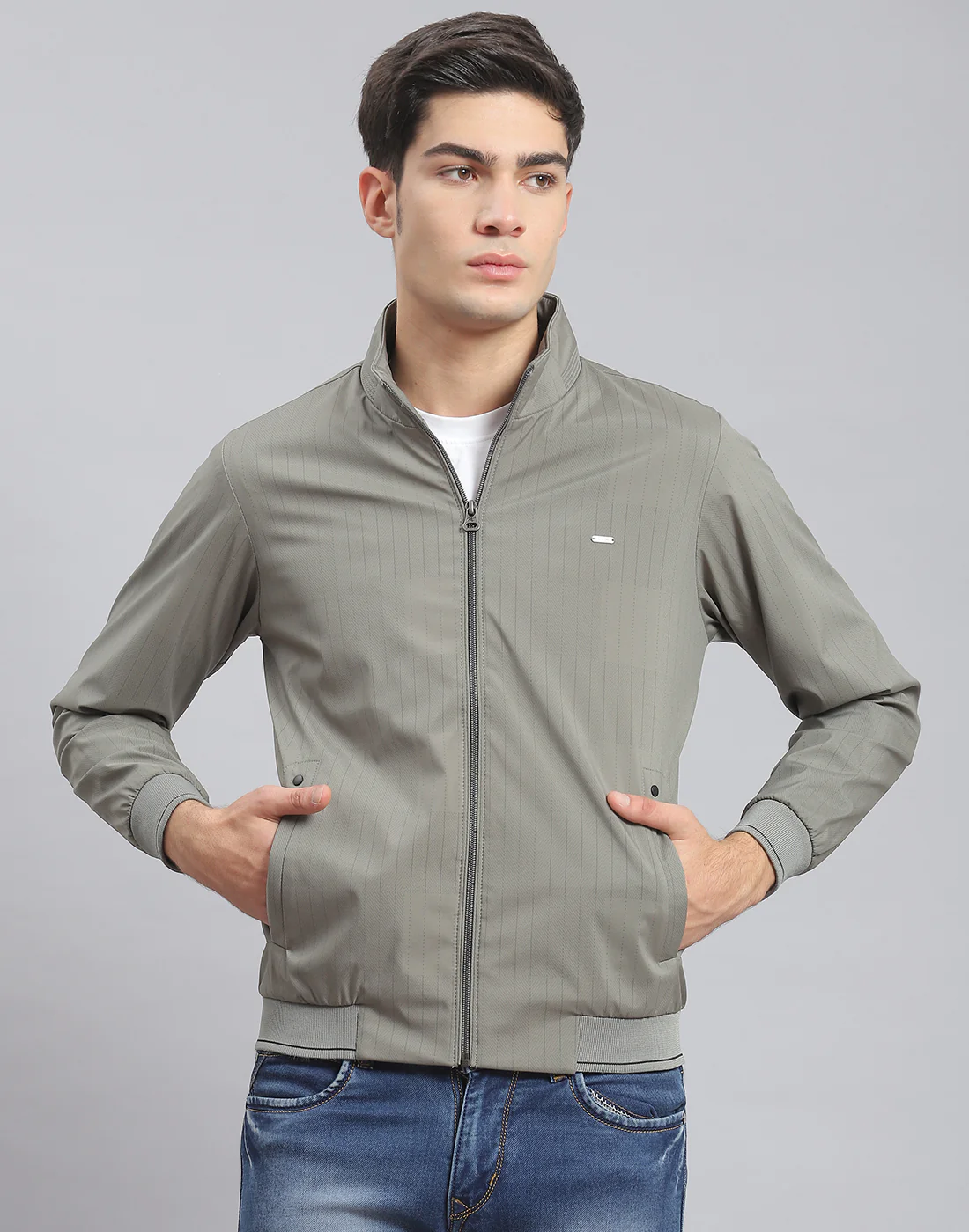 Men Green Stripe Stand Collar Full Sleeve Jacket