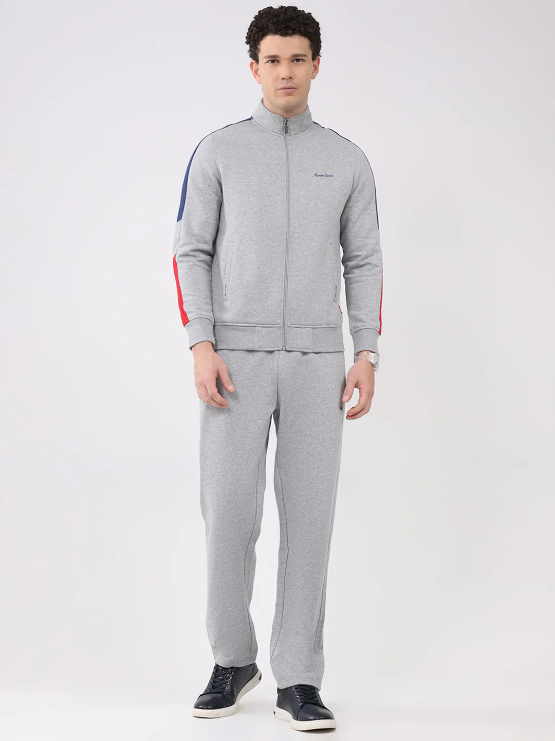 Men Grey Embroidered Collar Full Sleeve Winter Tracksuit