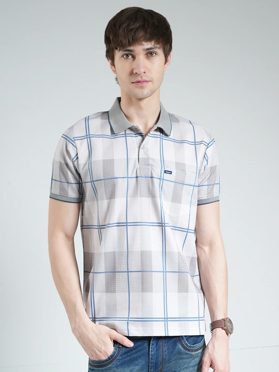 Men Grey Printed Collar Half Sleeve T-Shirt