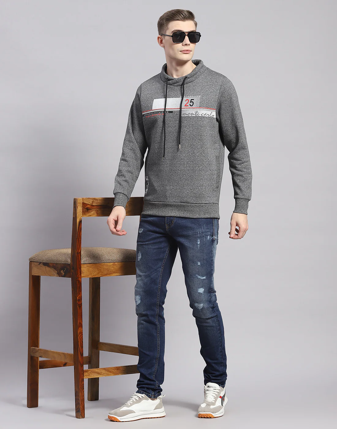 Men Grey Printed F Neck Full Sleeve Sweatshirt