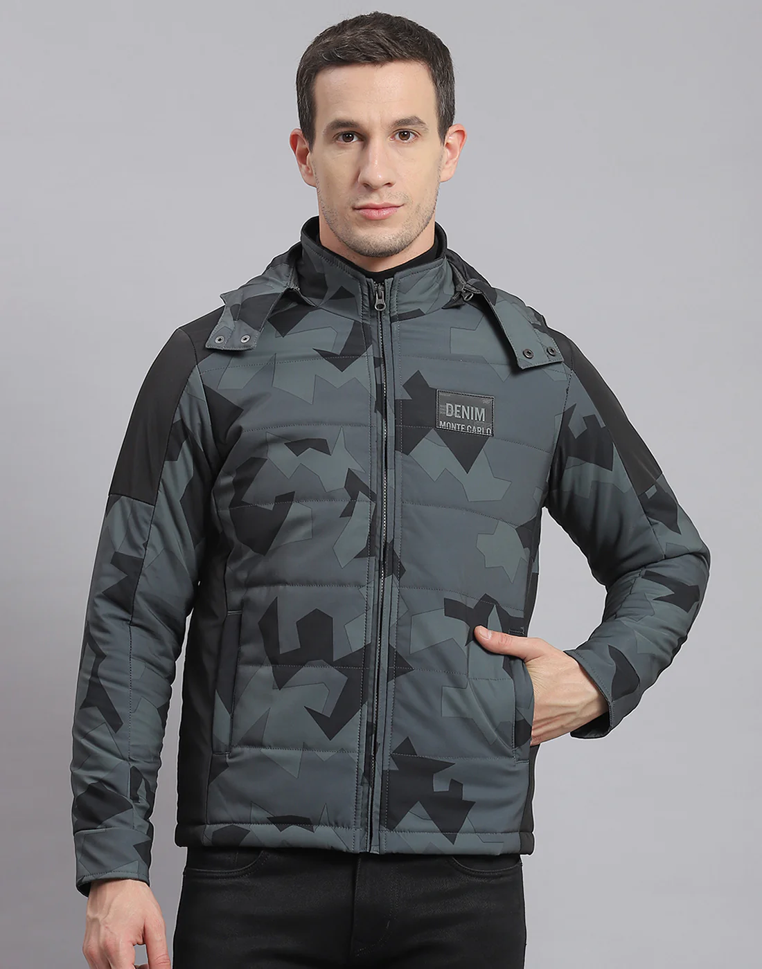 Men Grey Printed Hooded Full Sleeve Jacket