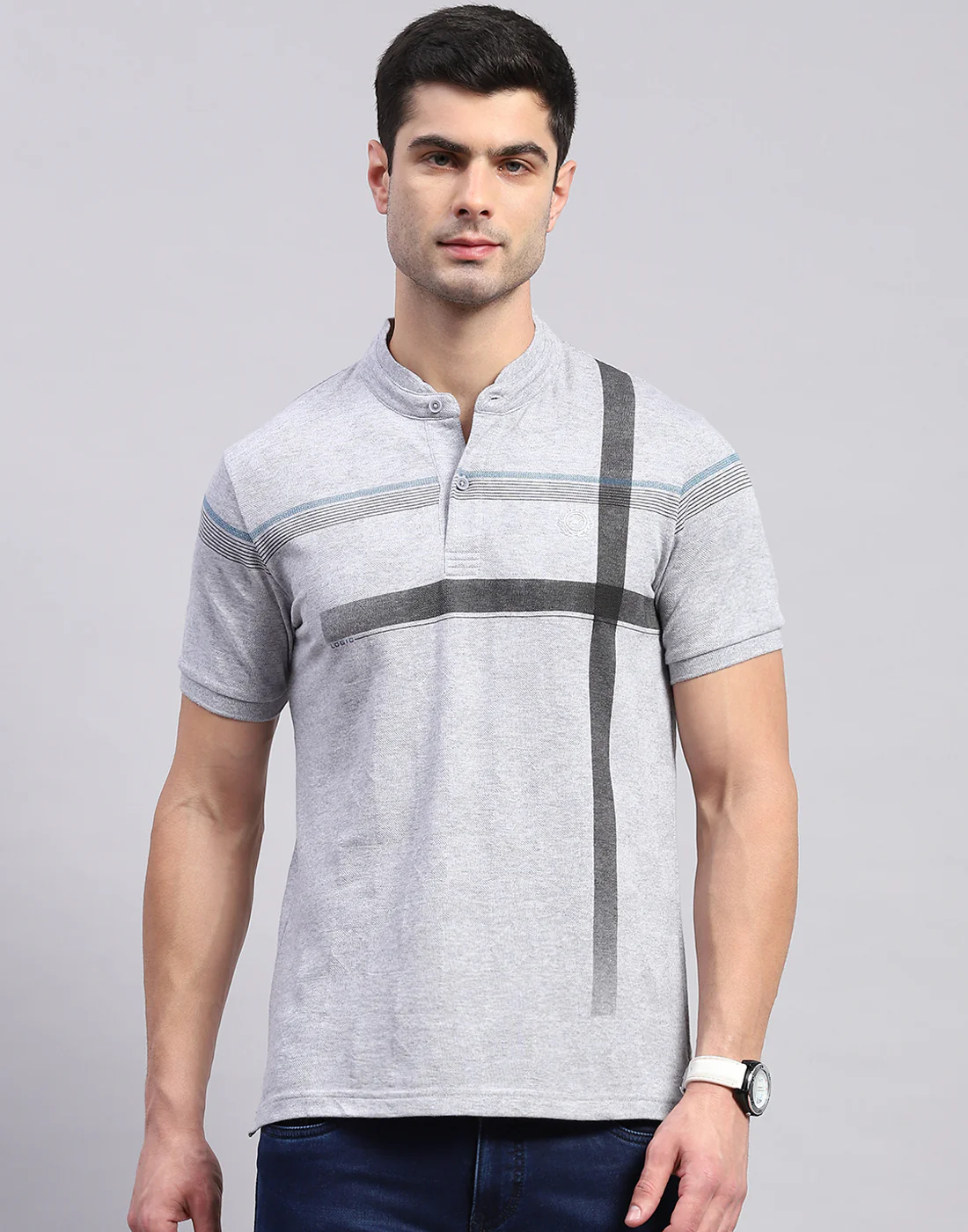 Men Grey Printed Mandarin Collar Half Sleeve T-Shirt