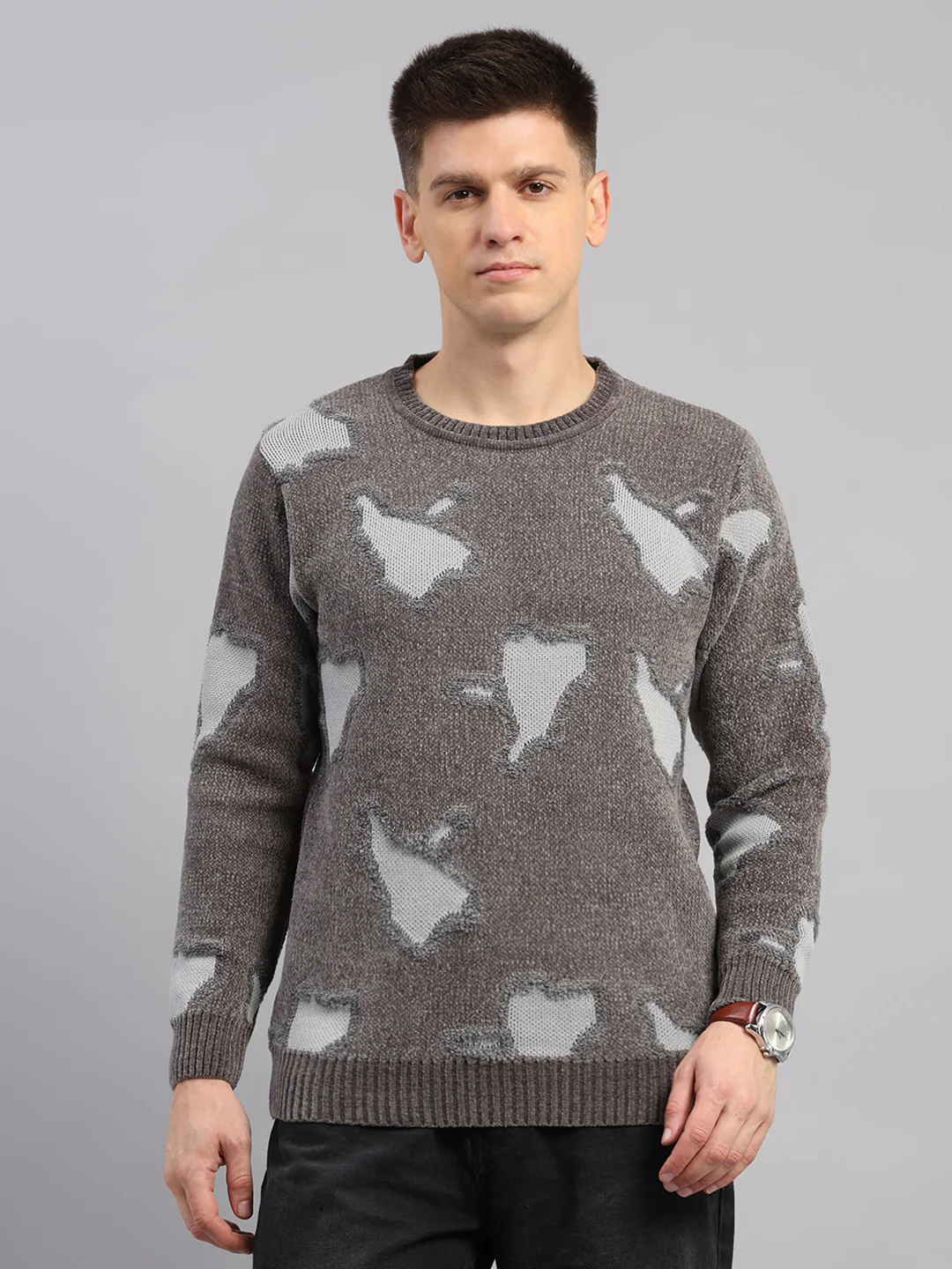Men Grey Printed Round Neck Full Sleeve Pullover