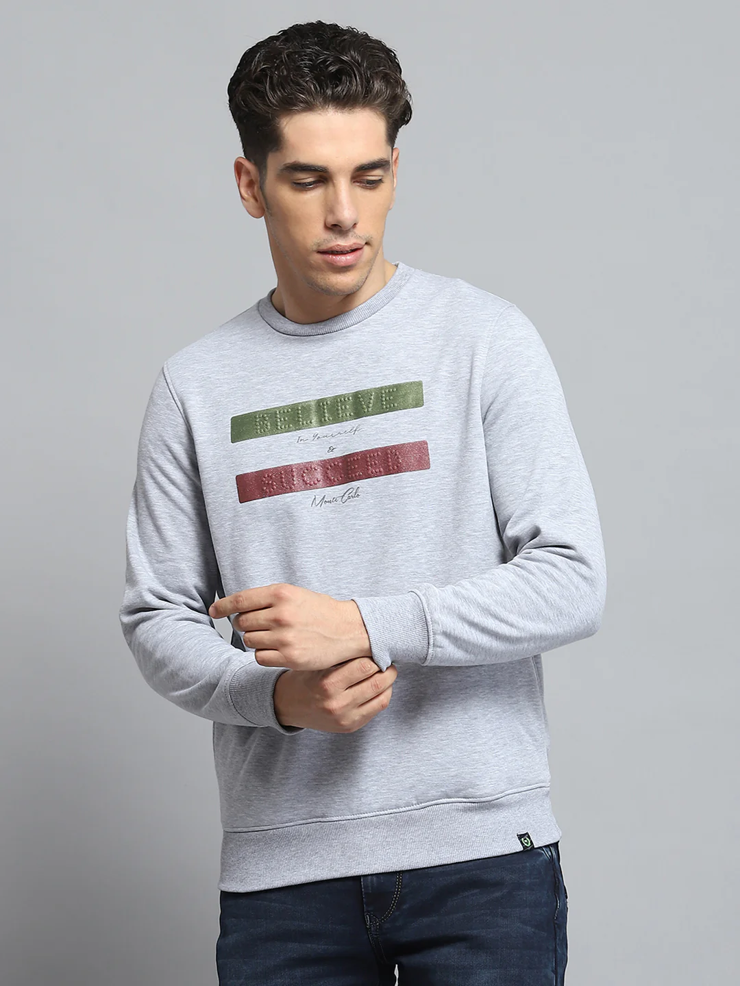 Men Grey Printed Round Neck Full Sleeve Sweatshirt