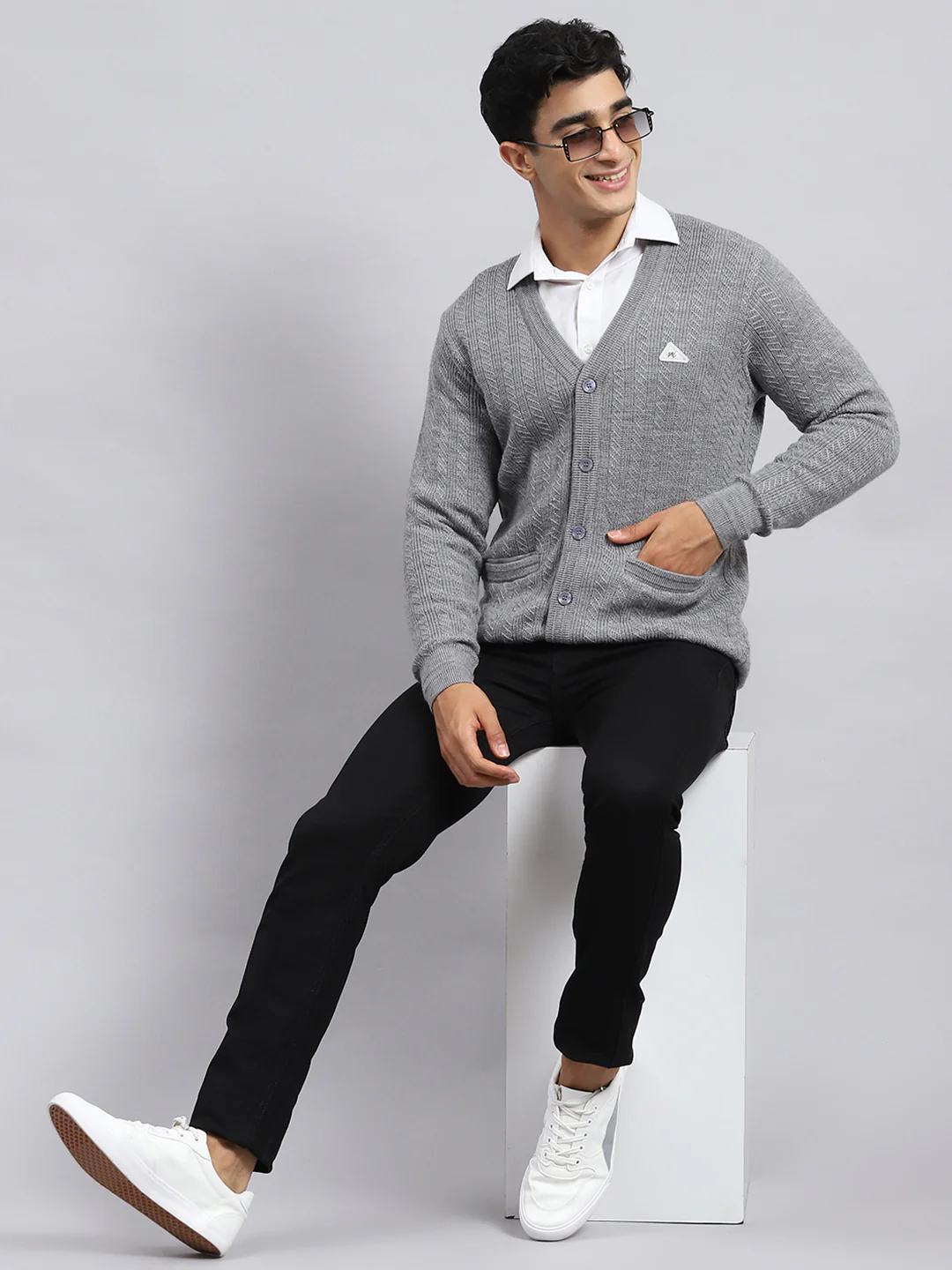 Men Grey Self Cardigan