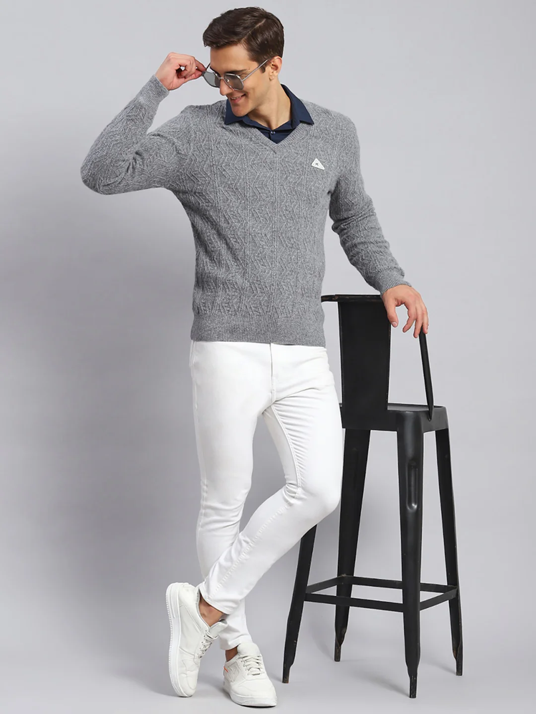 Men Grey Self Design Lamb wool Pullover