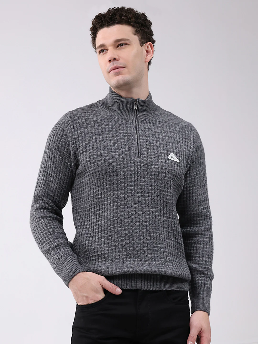 Men Grey Self Design Mock Neck Full Sleeve Pullover