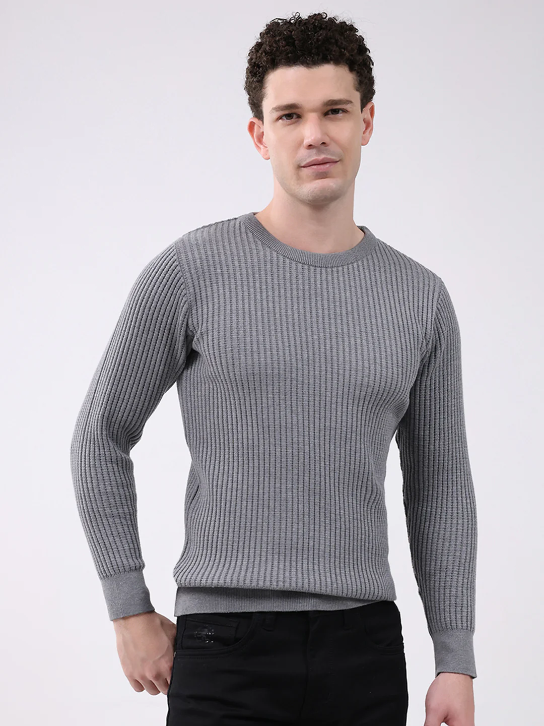 Men Grey Self Design Round Neck Full Sleeve Pullover