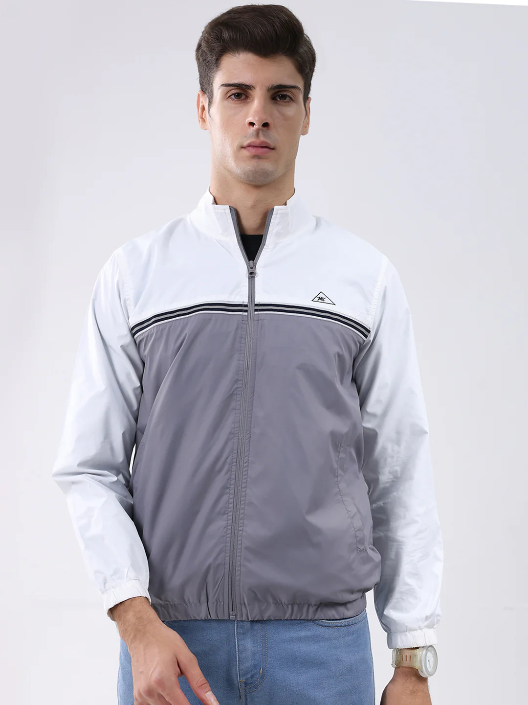 Men Grey Self Design Stand Collar Full Sleeve Jacket
