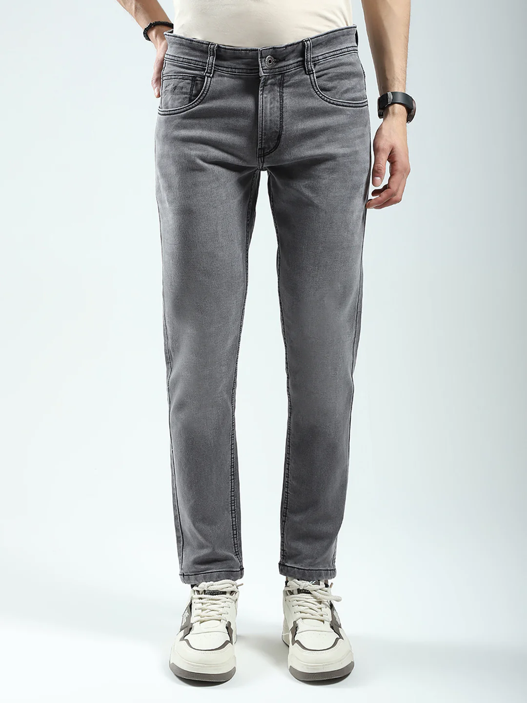 Men Grey Solid Ankle Length Denim