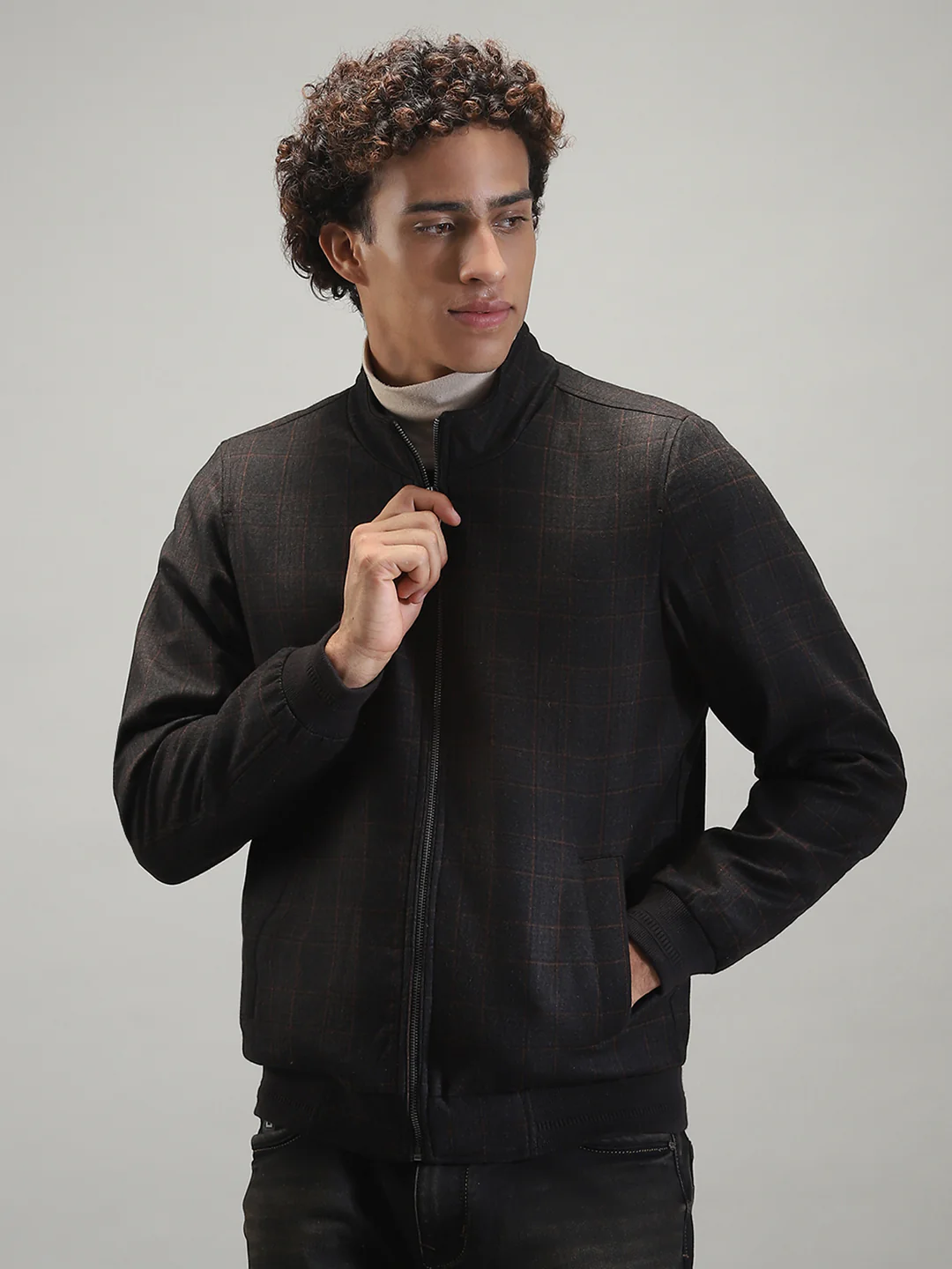 Men Grey Solid Band Collar Full Sleeve Jacket